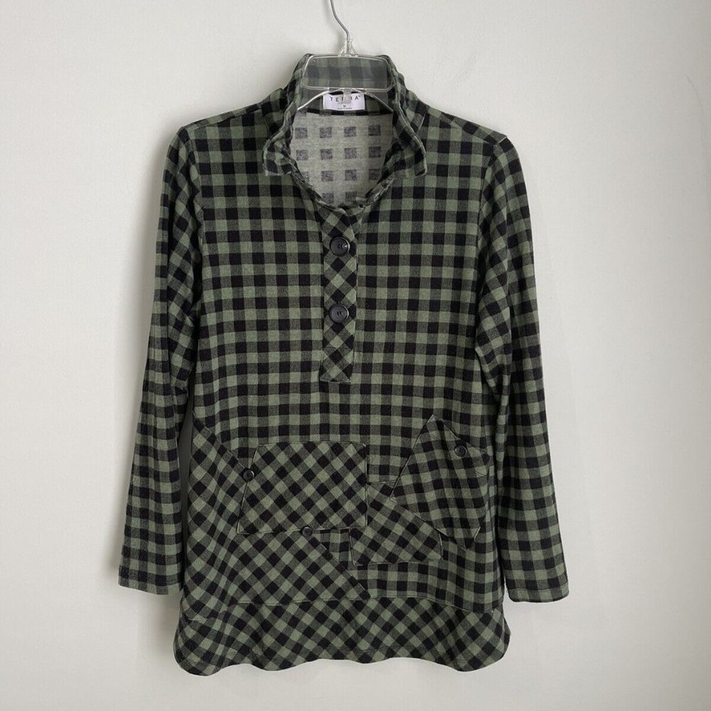 Terra SJ Apparel Green Plaid Blouse Ruffle Tunic Top Artsy Lagenlook